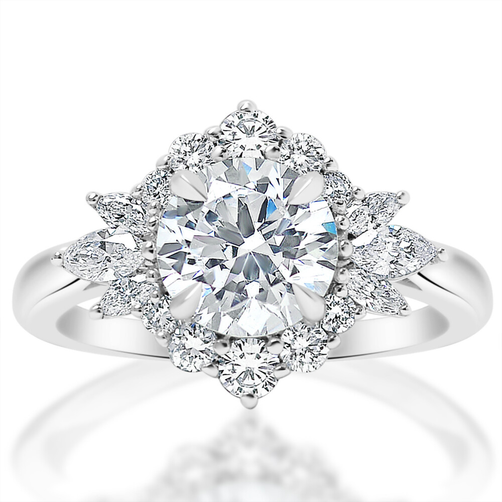 Round Diamond Pointed Petal Halo Engagement Ring