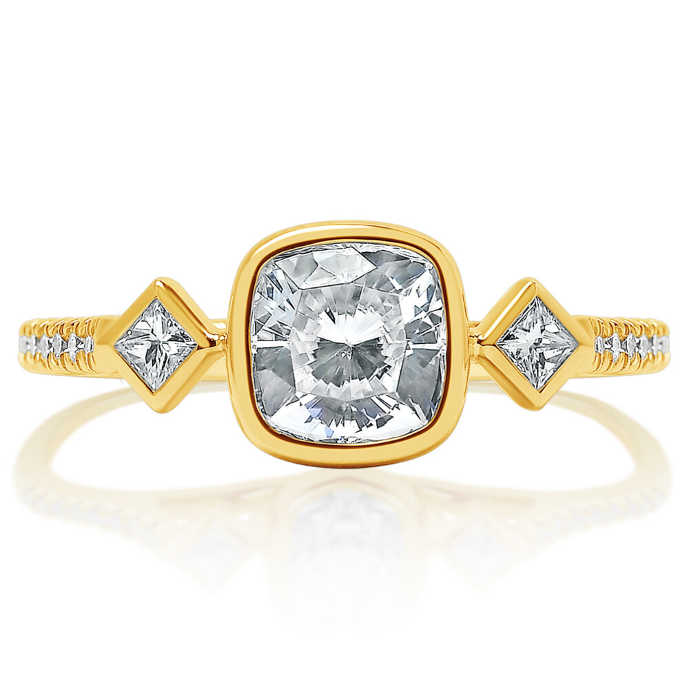 Cushion Diamond Princess Sidestone Bezel Engagement Ring
