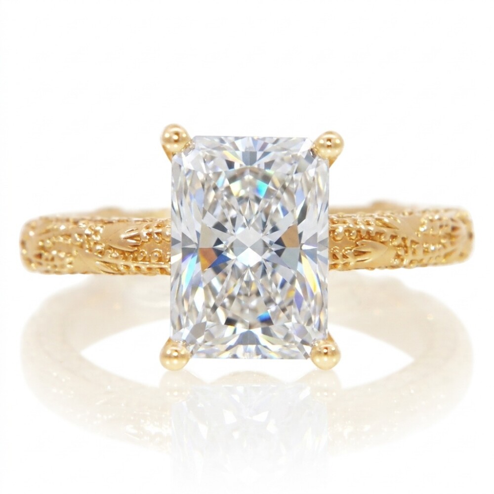 Leaf Engraving Diamond Profile Engagement Ring