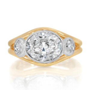 Oval Bezel Three Stone Two Tone Engagement Ring