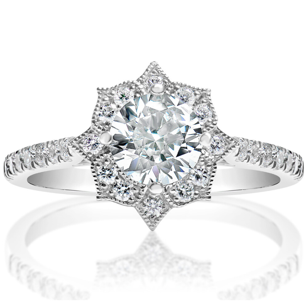 Round Diamond Floral Halo Engagement Ring