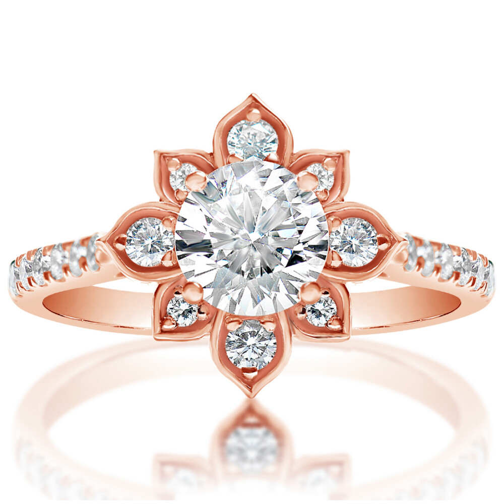 Round Diamond Flower Petal Halo Engagement Ring