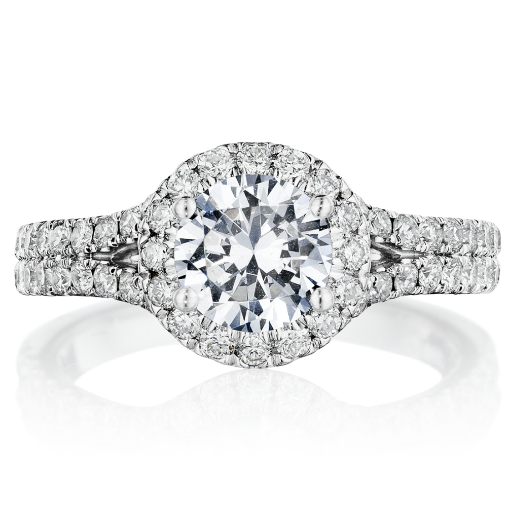 Round Halo Split Shank Engagement Ring