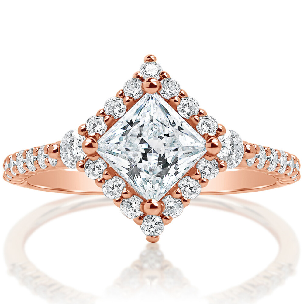 Princess Halo Three Stone Shared Prong Engagement Ring