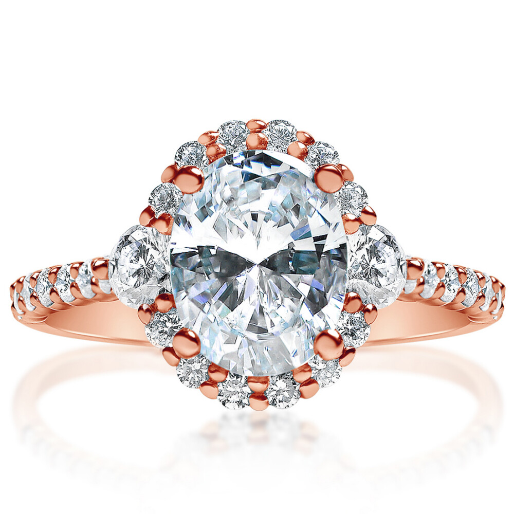 Oval Halo Three Stone Shared Prong Engagement Ring