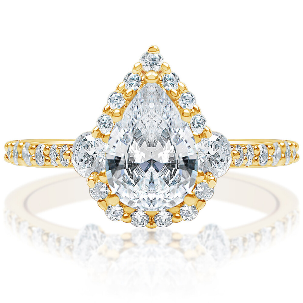 Pear Halo Three Stone Shared Prong Engagement Ring