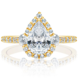 Pear Halo Three Stone Shared Prong Engagement Ring