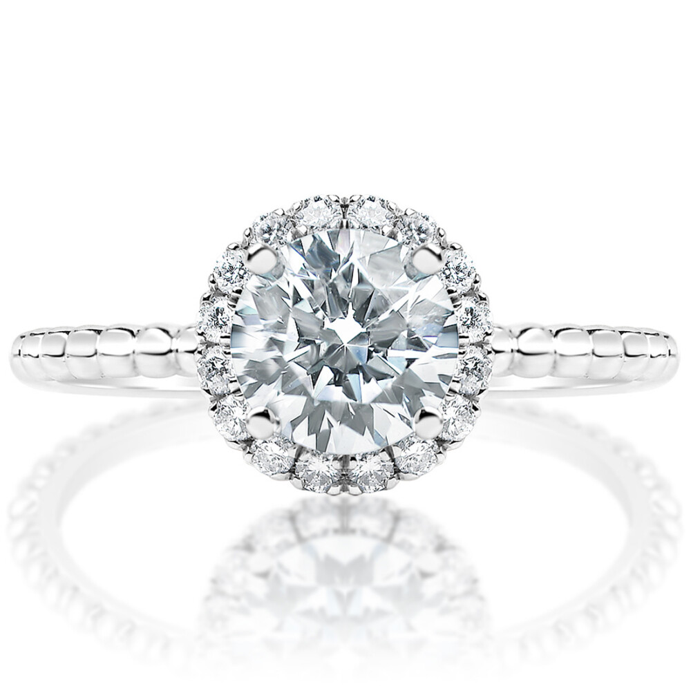 Round Halo Beaded Band Engagement Ring