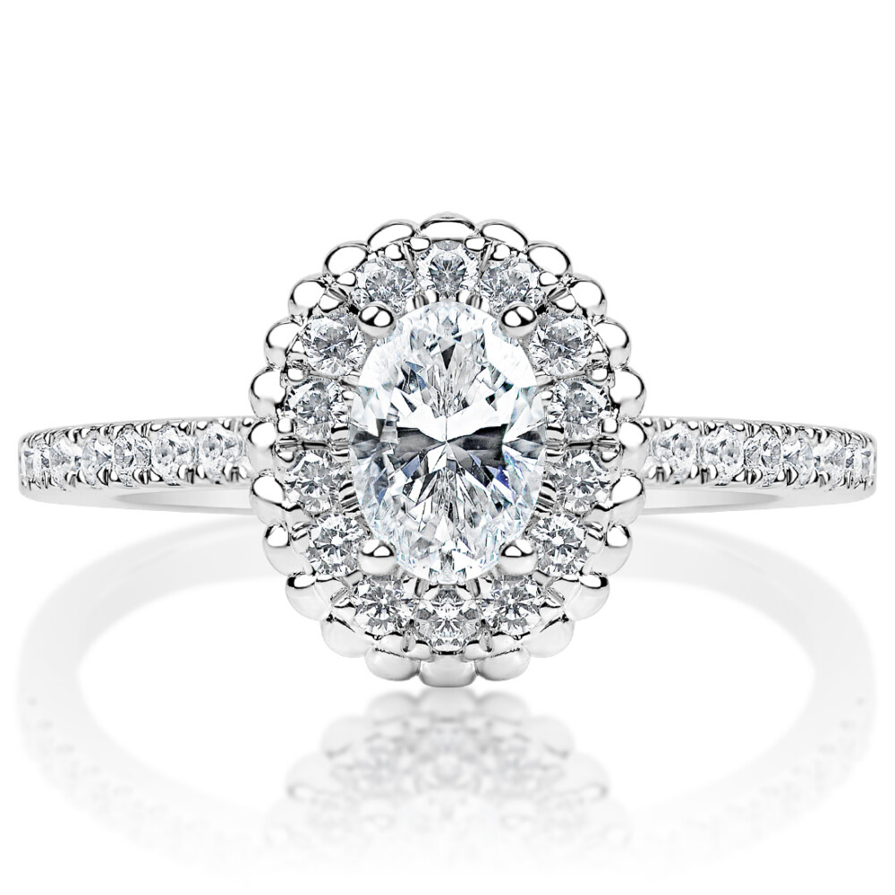 Oval Halo Scalloped Bead Engagement Ring