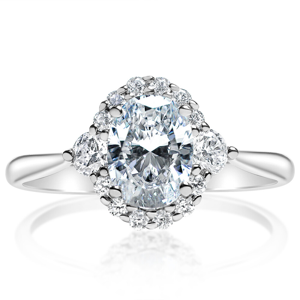 Oval Diamond Halo Three Stone Engagement Ring