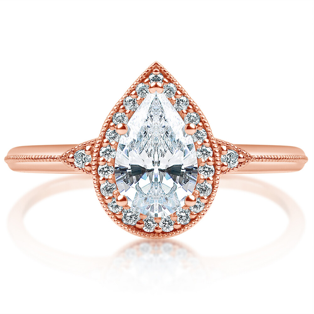 Pear Halo Three Stone Milgrain Engagement Ring
