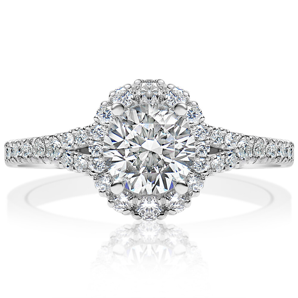 Round Diamond Oval Halo Split Shank Engagement Ring