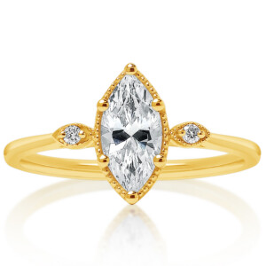 Marquise Diamond Three Stone Milgrain Edge Engagement Ring