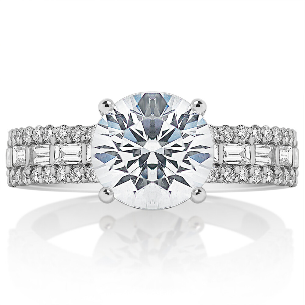 Round Diamond Triple Band Baguette Band Engagement Ring
