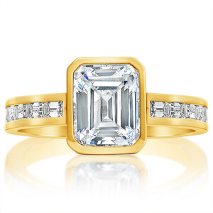 Bezel-Set Emerald Diamond and Band Engagement Ring