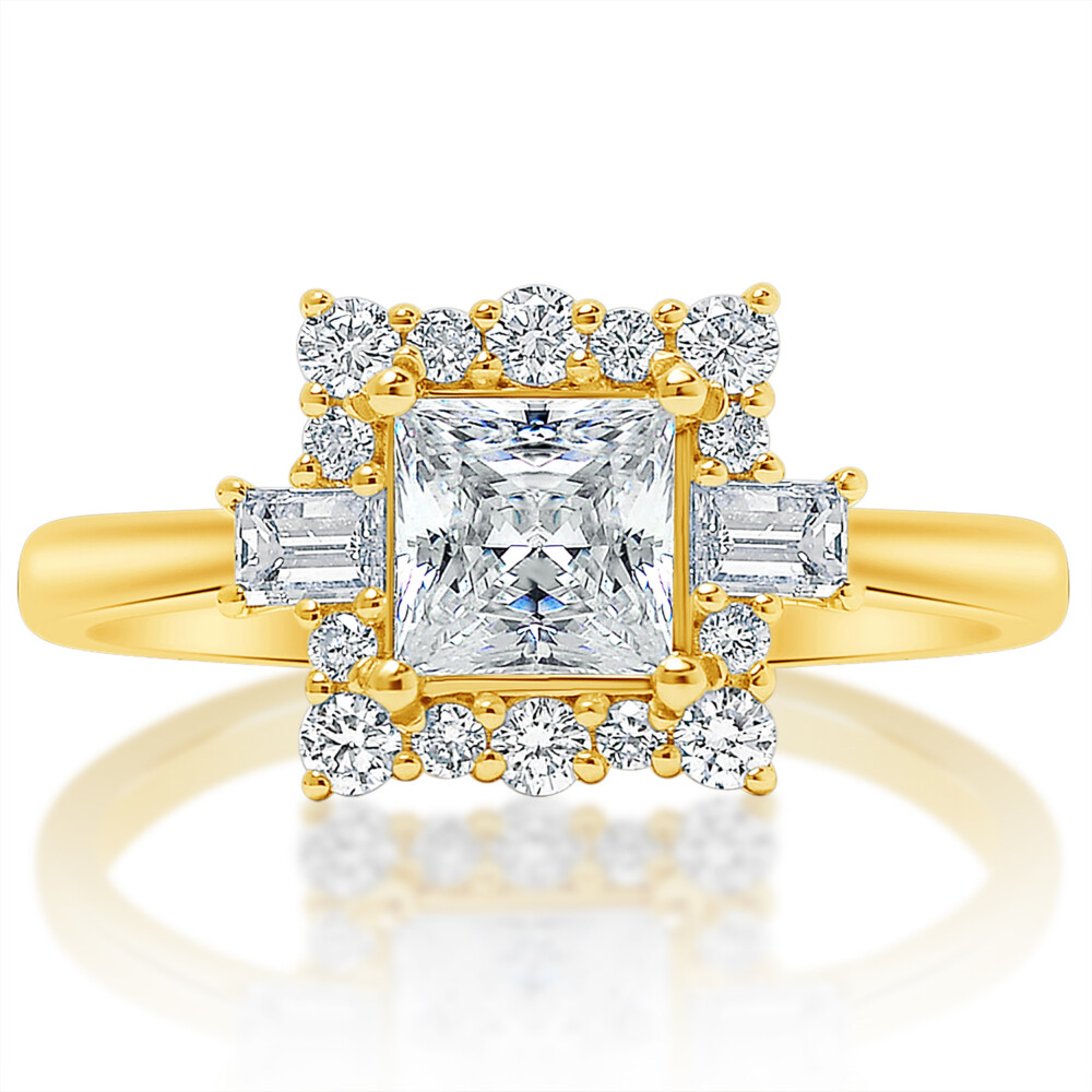 Princess Diamond Halo Baguette Sidestone Engagement Ring