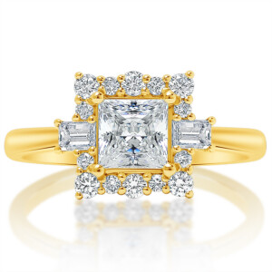 Princess Diamond Halo Baguette Sidestone Engagement Ring
