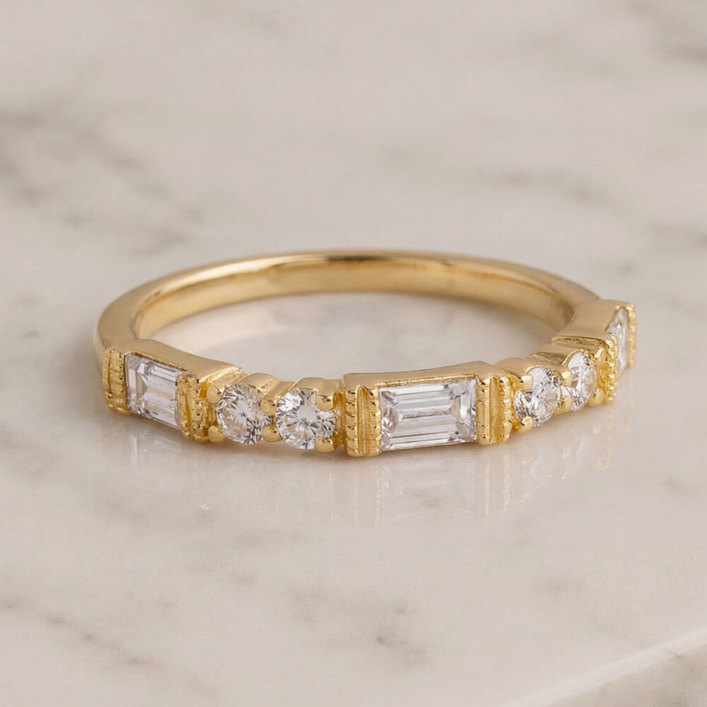 Baguette and Round Diamond Milgrain Ring