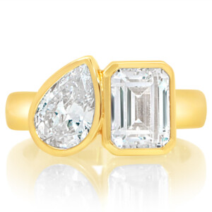 Pear and Emerald Bezel Toi et Moi Engagement Ring