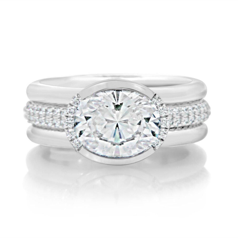 Oval Three Row Half Halo Engagement Ring