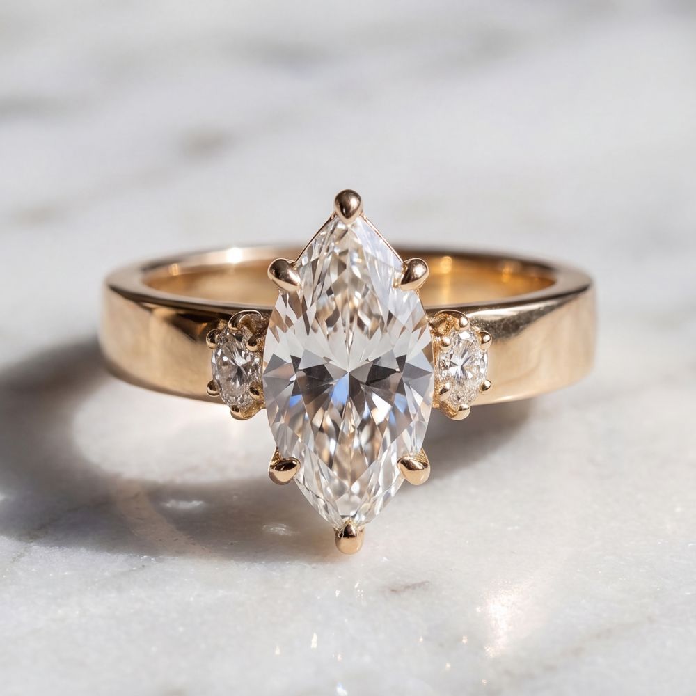 Marquise Three Stone Cigar Band Engagement Ring